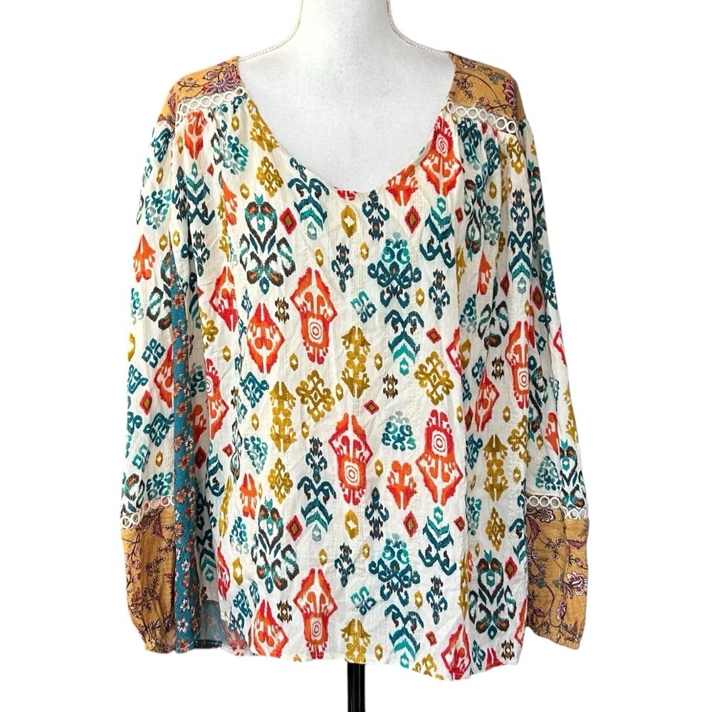 Farmers Market Mix‎ Ikat Printed Woven Crochet Detailed Blouse Women’s SZ 3X
